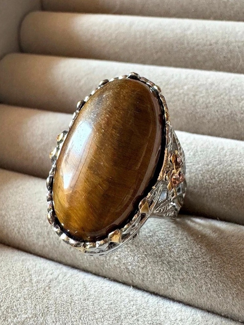 Tiger’s Eye 316L Stainless Steel Two-Tone Statement Ring Size 9